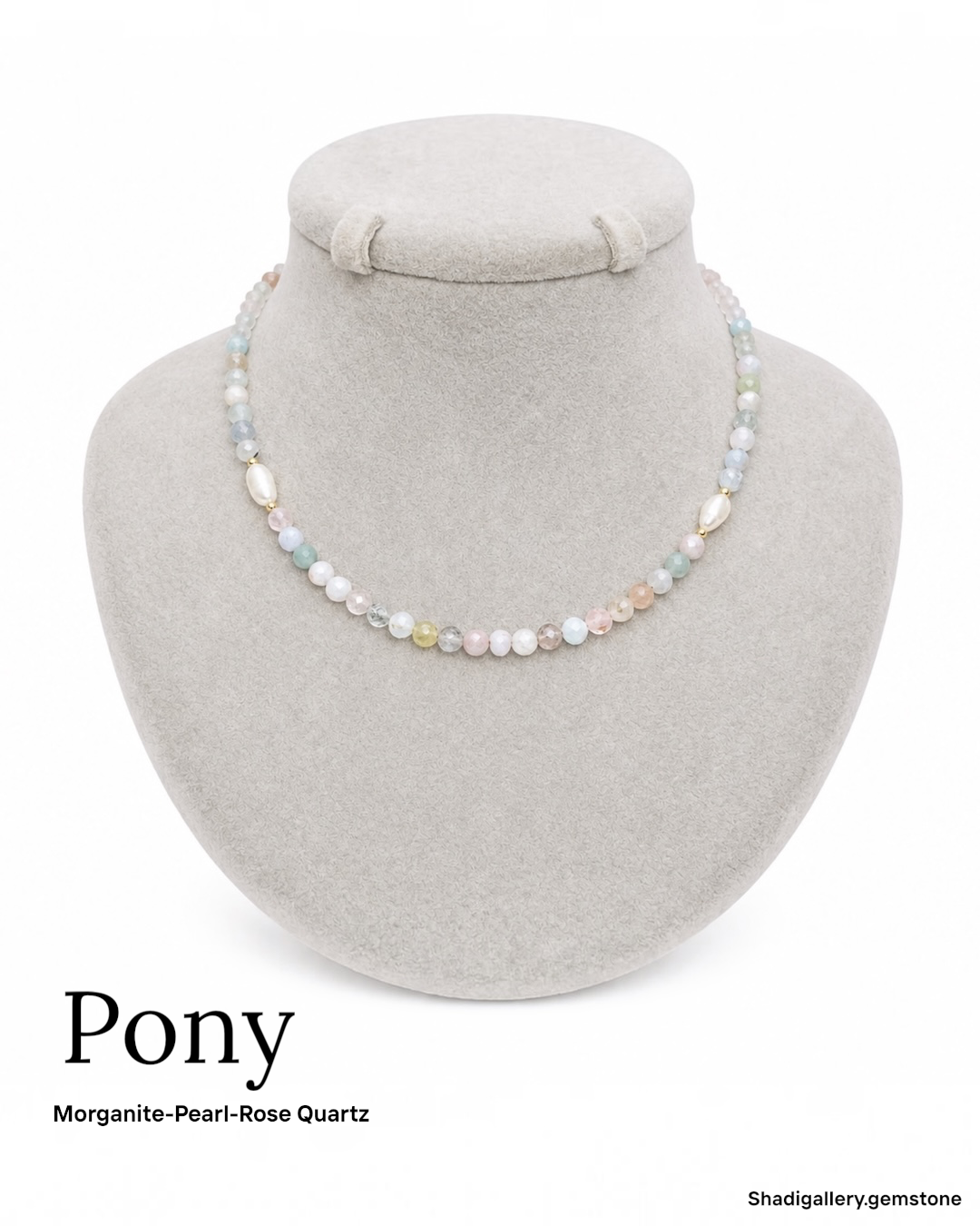 گردنبند زنانه مروارید پرورشی-مورگانیت-رزکوارتز (Pony)
