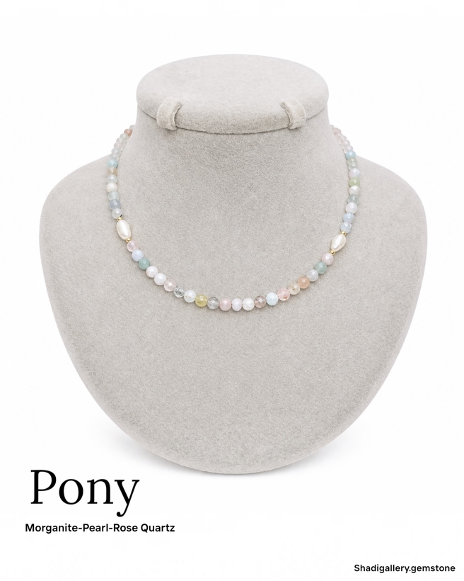 گردنبند زنانه مروارید پرورشی-مورگانیت-رزکوارتز (Pony)